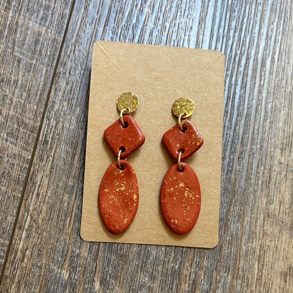 Handmade Polymer Clay Pierced Rust/Terracotta Red Gold Dangle Earrings- women’s